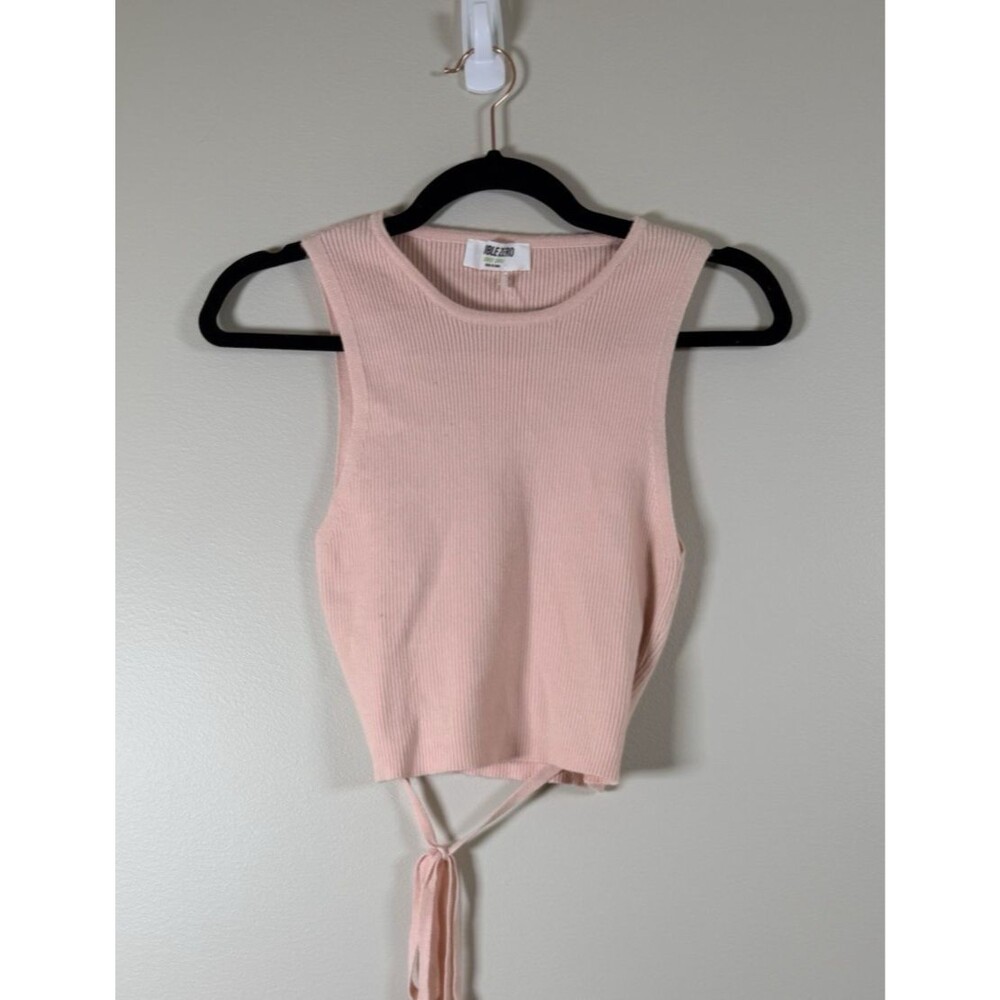 Womens Double Zero Pink Ribbed Knit Crew Neck Cropped Tank Top Tie Front - L